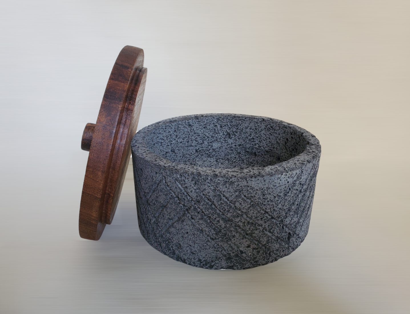 Style Slash Wood Top Molcajete - Lava Stone - 8 Inch Molcajete 8 Inch Featured Round