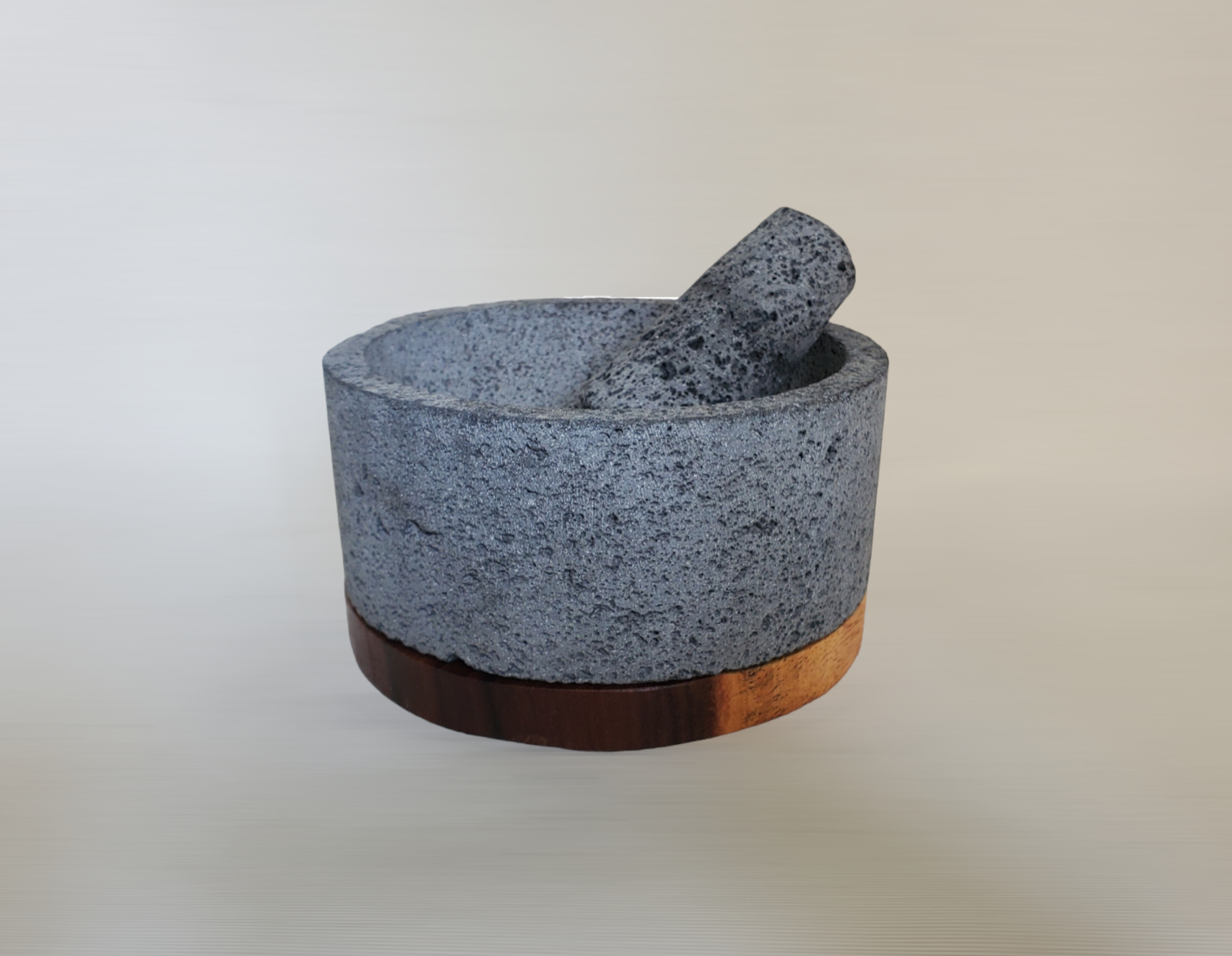 Round Wood Base Bowl & Pestle - Lava Stone - 8 Inch Molcajete 8 Inch Round