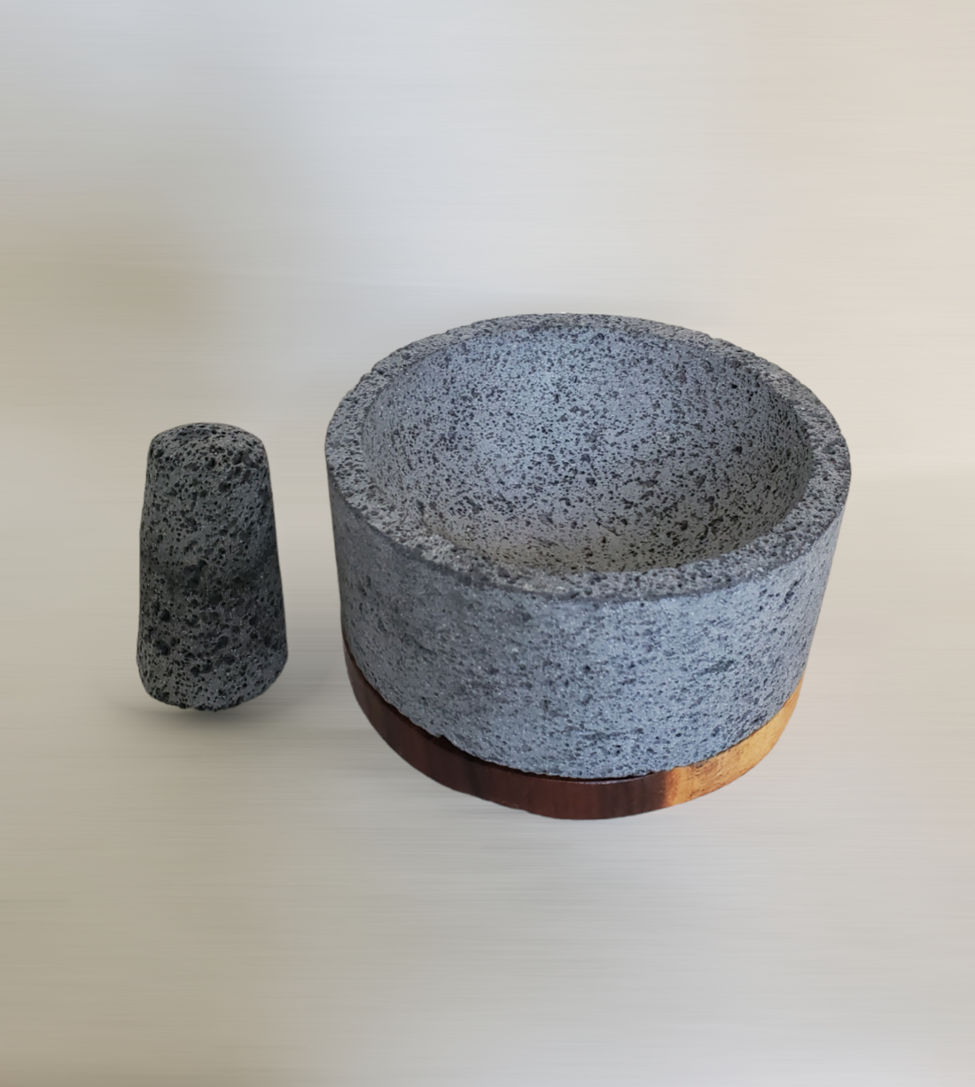 Round Wood Base Bowl & Pestle - Lava Stone - 8 Inch Molcajete 8 Inch Round