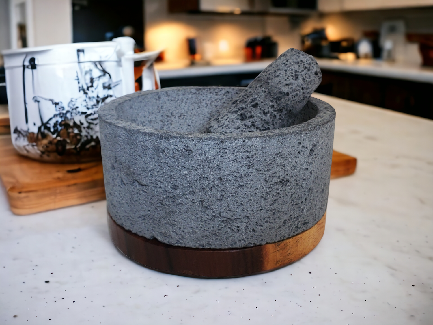 Round Wood Base Bowl & Pestle - Lava Stone - 8 Inch Molcajete 8 Inch Round