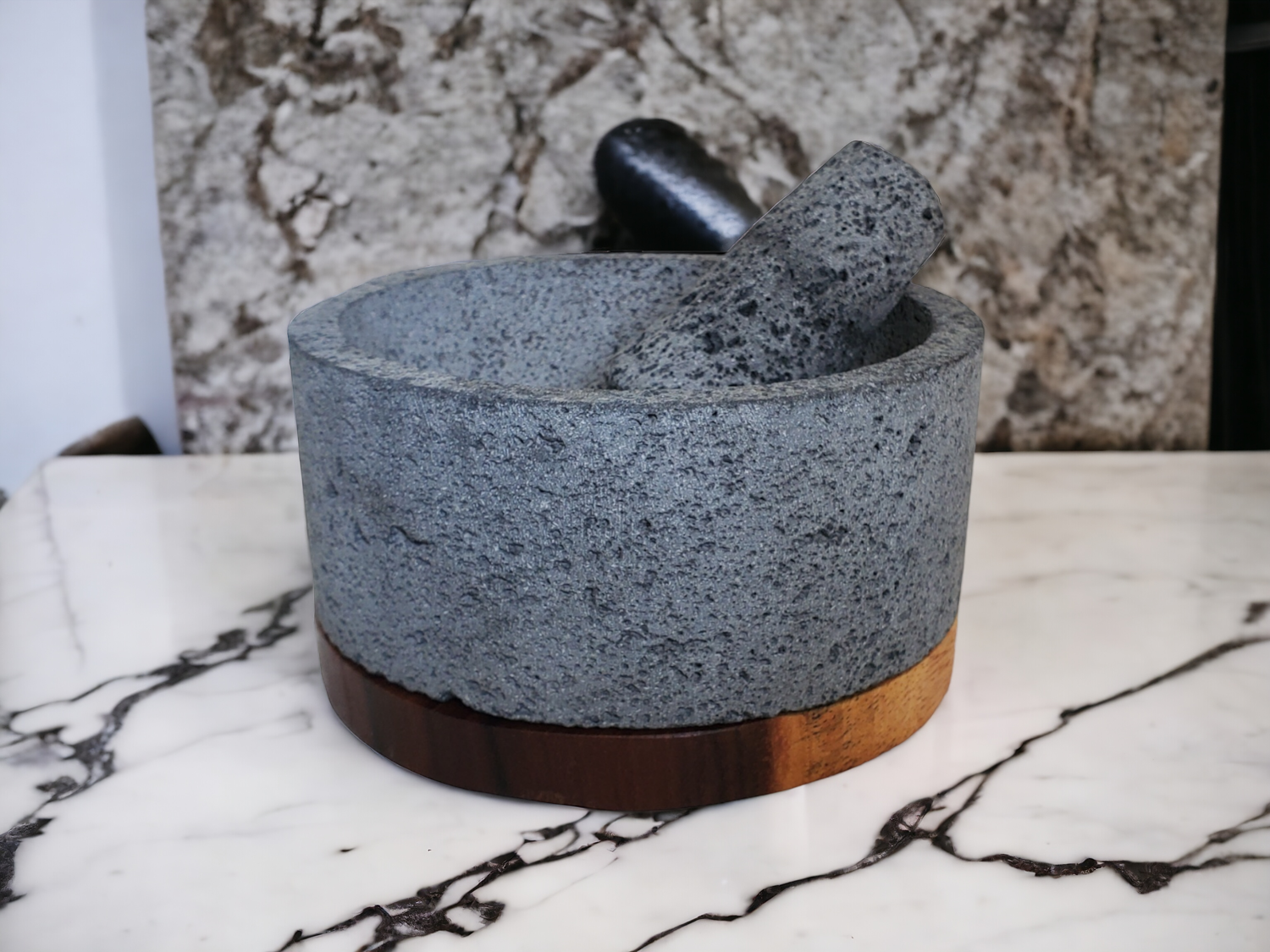 Round Wood Base Bowl & Pestle - Lava Stone - 8 Inch Molcajete 8 Inch Round