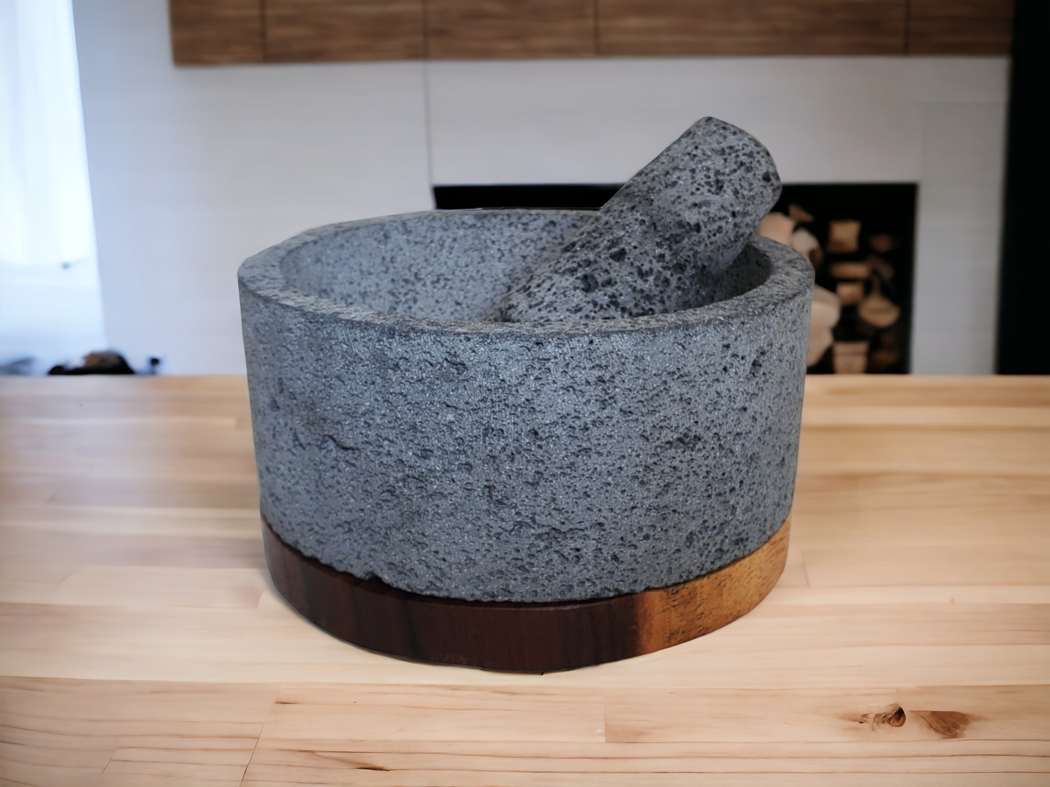 Round Wood Base Bowl & Pestle - Lava Stone - 8 Inch Molcajete 8 Inch Round