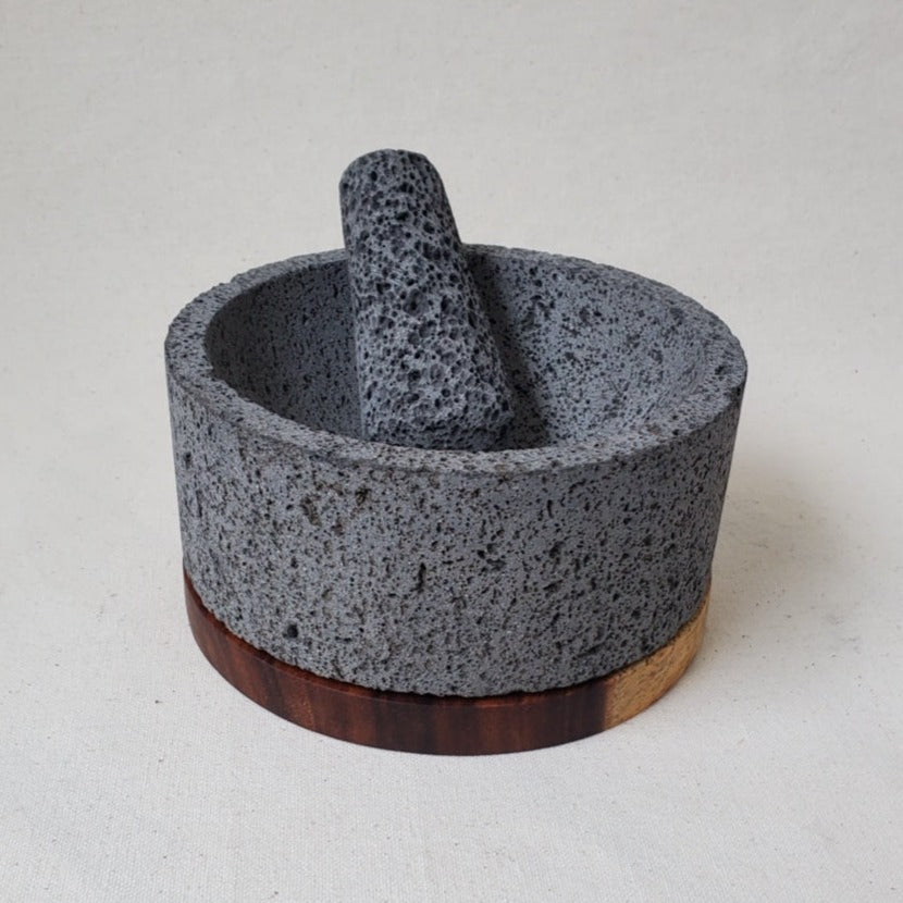 Wood Base Bowl & Pestle - Lava Stone - 8 Inch Molcajete 8 Inch Round