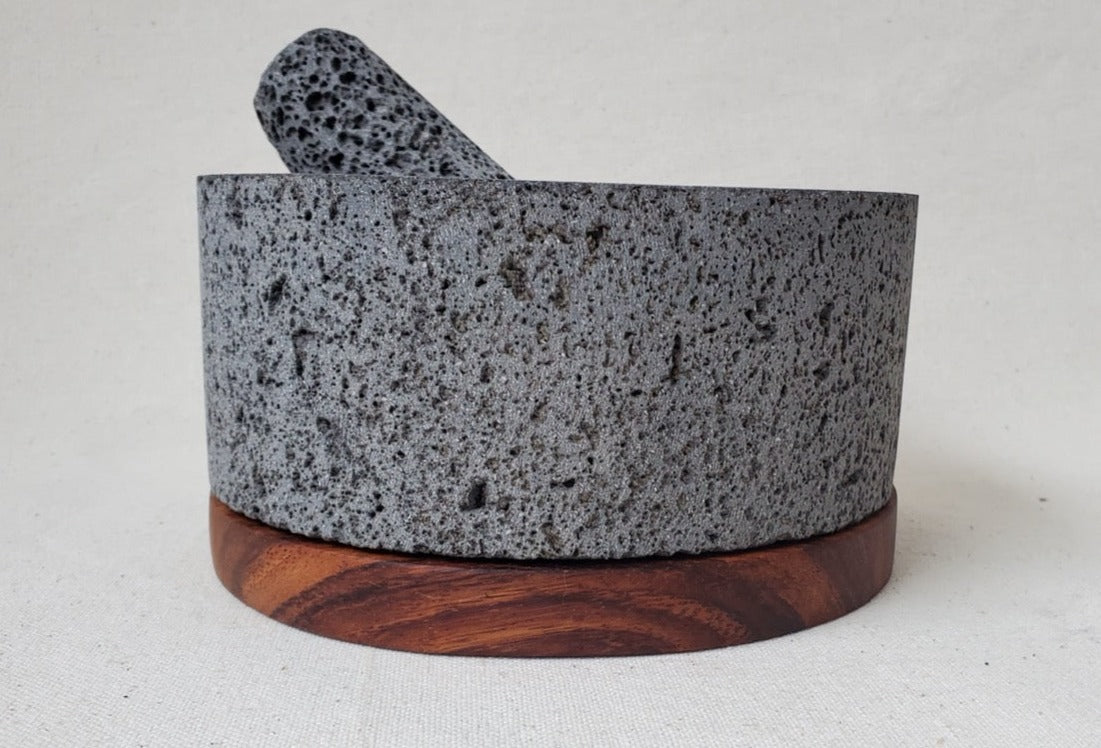 Wood Base Bowl & Pestle - Lava Stone - 8 Inch Molcajete 8 Inch Round