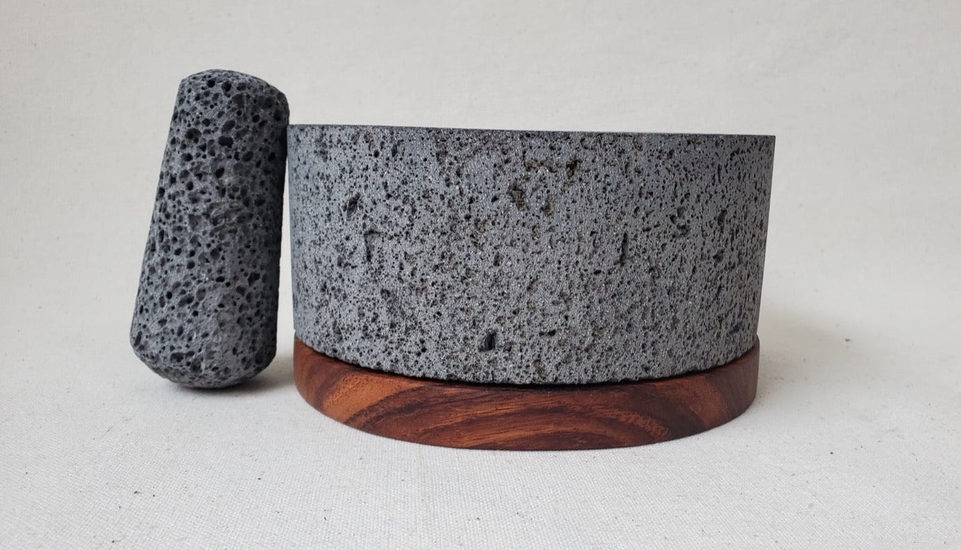 Wood Base Bowl & Pestle - Lava Stone - 8 Inch Molcajete 8 Inch Round