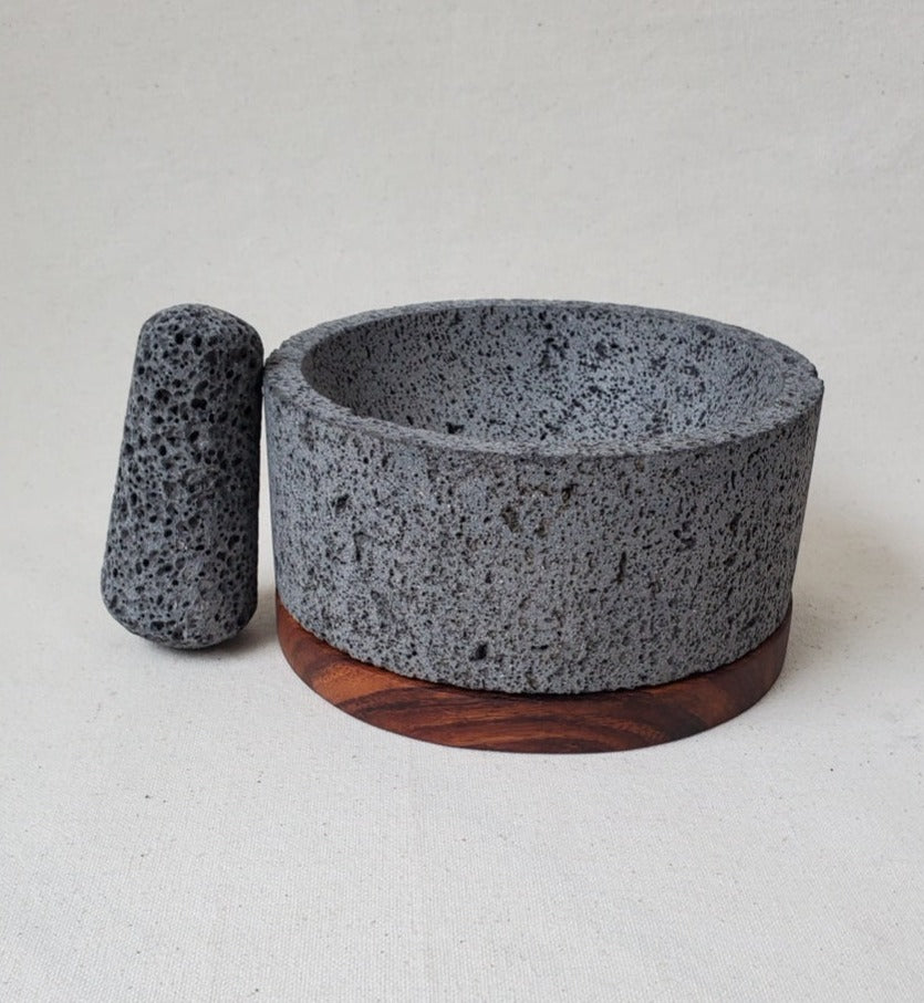 Wood Base Bowl & Pestle - Lava Stone - 8 Inch Molcajete 8 Inch Round