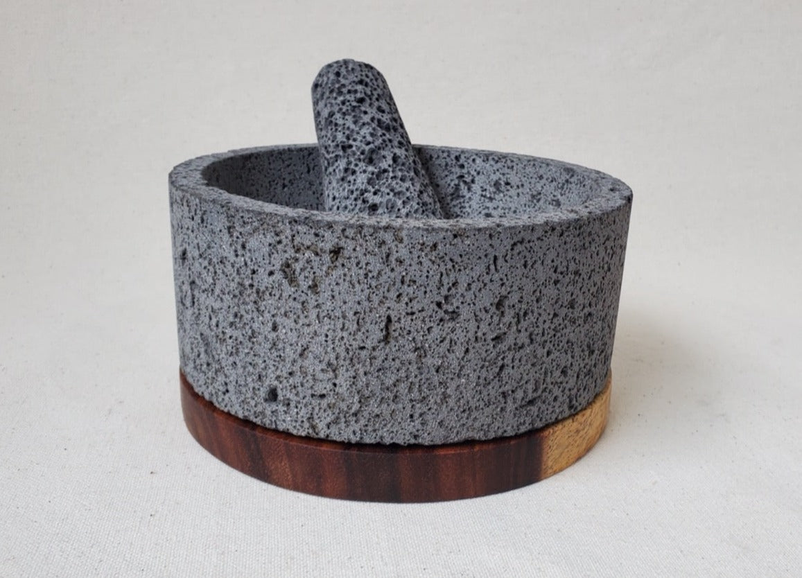 Wood Base Bowl & Pestle - Lava Stone - 8 Inch Molcajete 8 Inch Round