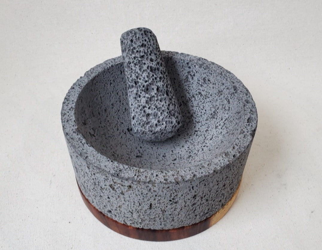 Wood Base Bowl & Pestle - Lava Stone - 8 Inch Molcajete 8 Inch Round