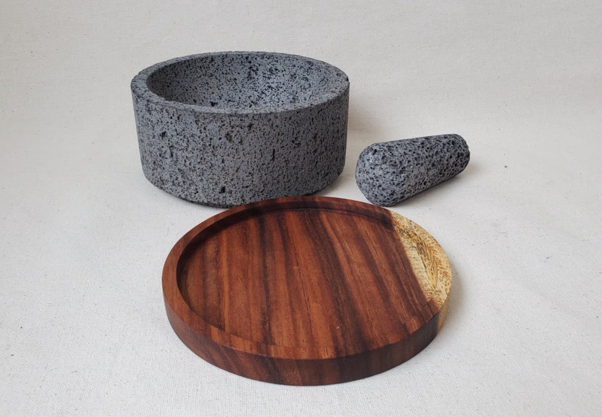 Wood Base Bowl & Pestle - Lava Stone - 8 Inch Molcajete 8 Inch Round