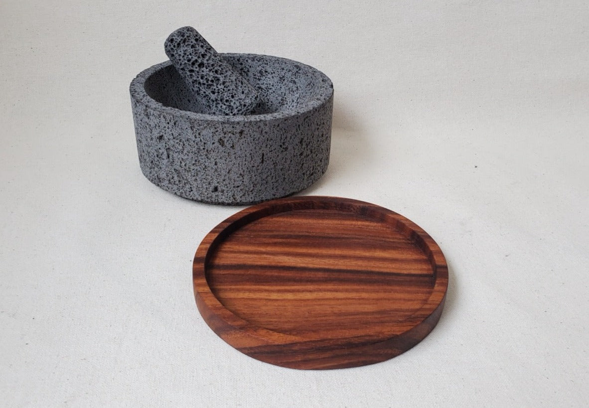 Wood Base Bowl & Pestle - Lava Stone - 8 Inch Molcajete 8 Inch Round