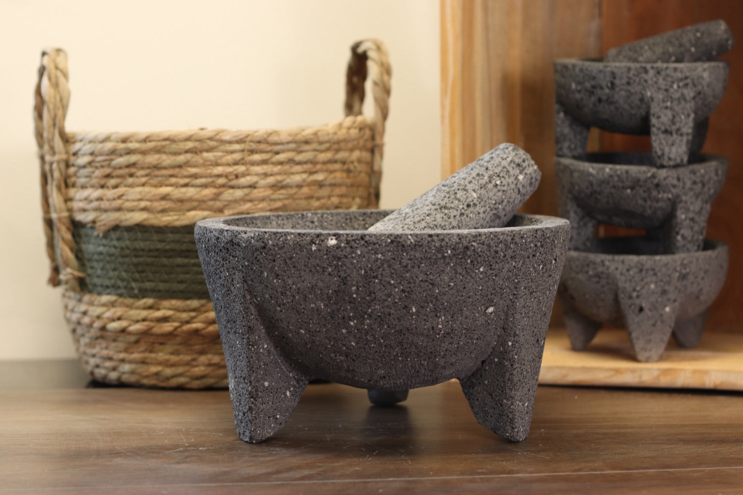 Cultural Bowl & Pestle - Lava Stone - 8 Inch - Authentic Mexican Molcajete! Molcajete 8 Inch Featured Round